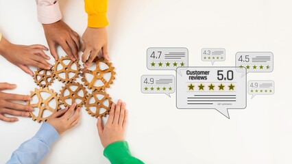 Obraz premium Diverse hands work together to arrange gears, symbolizing teamwork and collaboration in achieving outstanding customer satisfaction and high ratings. Raster