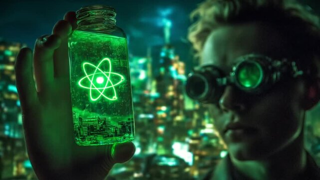 Person holding glowing jar with atom symbol against city background