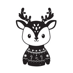 Cute cartoon deer wearing a knitted sweater in a festive winter scene.