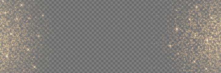 Obraz premium Golden glitter light frame. Magic dust background. Luxury party. Star particle bg. Christmas Holiday gold confetti. Fairy bulb. Glow shine bokeh. Winter Celebration banner. Vector illustration