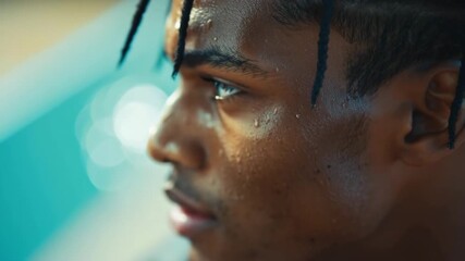 Close-up of a sweaty and focused young black basketball player preparing for a game