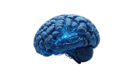 Digital representation of a futuristic metallic human brain structure with glowing blue neural network connections highlighting intelligence on transparent background