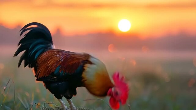 Proud rooster with colorful feathers crowing at dawn in a misty field with the rising sun