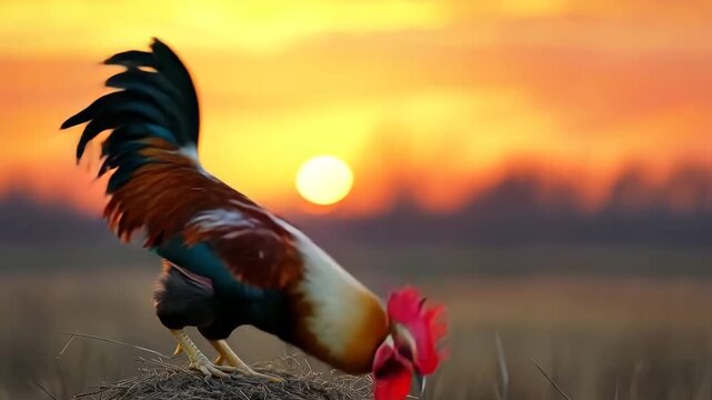 Proud rooster crowing in a field with a beautiful orange sunrise in the background