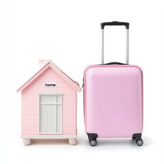 Cute Pink House with the Word Home and Stylish Suitcase for Travel Vibes