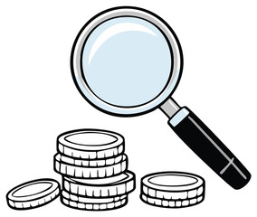 Magnifying Glass over Coins Stack - Investment Analysis and Financial Scrutiny Concept