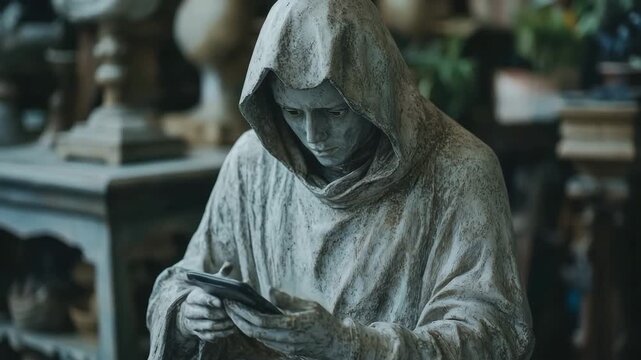 Ancient stone statue of a hooded monk ironically using a modern mobile phone in a sculptor's studio