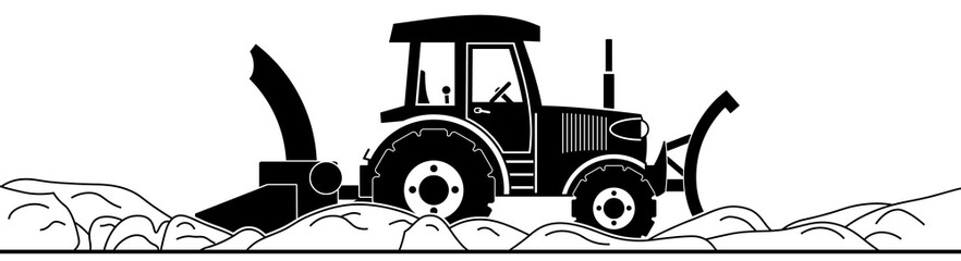 Silhouette illustration of snow plow/snow blower in winter. Use as design element for websites, print and other graphics.