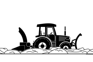 Silhouette illustration of snow plow/snow blower in winter. Use as design element for websites, print and other graphics.