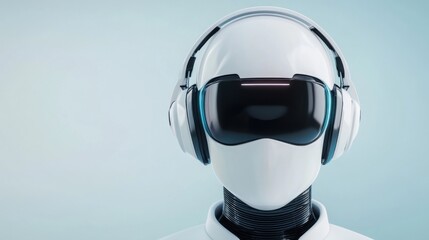 Futuristic Robot with Headphones and VR Glasses Against Blue Background
