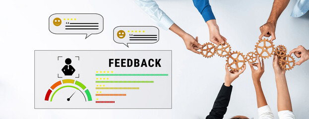 Team members collaborate on feedback, illustrated by gears and rating charts, highlighting the importance of teamwork and continuous improvement in a business setting. Trope