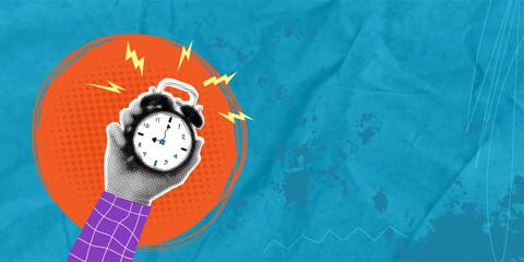 A trendy pop art collage with a halftone effect: a hand holding a watch. Concept of time and business.