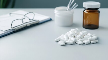 White Tablets on Surface with Prescription Container and Eyeglasses Nearby