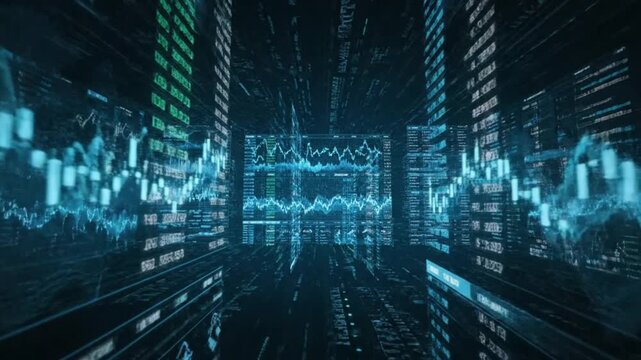 Digital financial data streams flow through a futuristic trading floor visualized in intense blue neon light reflections