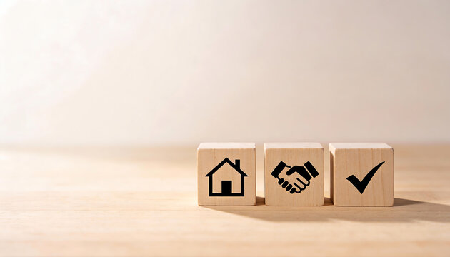Three wooden blocks with home handshake and check icons representing real estate agreement property purchase deal approval mortgage and home insurance concept with copy space