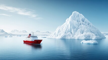 Red Ship Navigates Icebergs in Calm Arctic Waters Under Clear Blue Sky