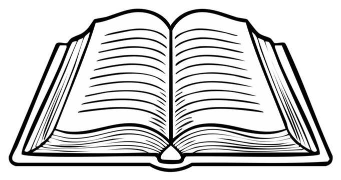 Black and white line art illustration of an open book with text