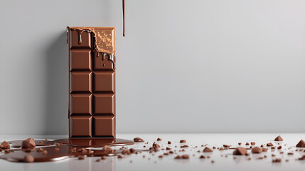 Luxury chocolate bar background with copy space, melted chocolate splash, minimal food advertising banner for valentines, desserts, sweets marketing, web and social media ads