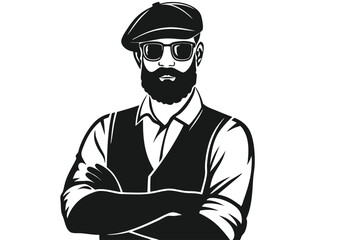 Bearded hipster wearing cap and sunglasses stands confidently with his arms crossed in black © Kabbo
