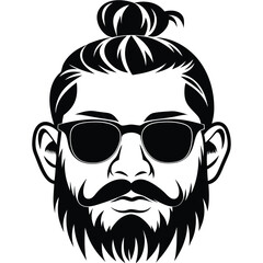 Obraz premium Bearded hipster wears sunglasses and a topknot hairstyle in a black vector