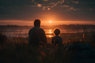 Obraz premium Father Sitting Next To Son Watching Sunset, Father's Day Celebration Image.