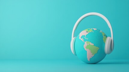Globe with Headphones on Vibrant Blue Background Representing Global Music