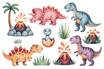 Cute dinosaurs with volcano scene. Soft watercolor baby dinosaurs in playful. © Songrami
