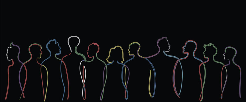 Many people crowd concept on black background, diverse group of human silhouettes, social community, population and society theme, abstract contemporary illustration