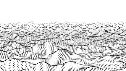 Digital topography dots form a landscape pattern showing hills and valleys in black and white design