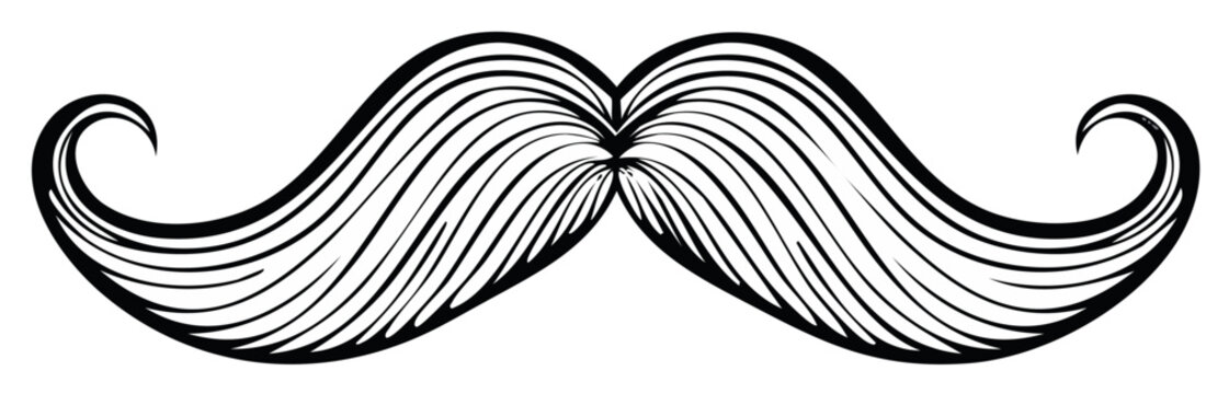 Classic handlebar mustache illustration with bold black lines and flowing curves