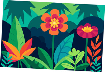 Stylized Jungle Scene with Oversized Colorful Flowers