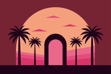 Stylized Palm Grove with Hot Pink Sunset Arch in Distance