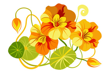 Stylized Nasturtium Blooms in Orange and Yellow Warm Tones