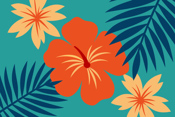 Stylized Pattern of Hibiscus Flowers and Palm Fronds