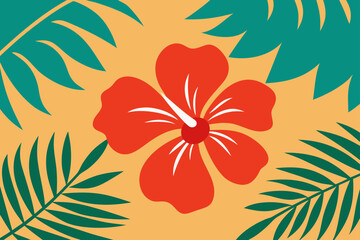 Stylized Tropical Floral Pattern with Hibiscus and Palms