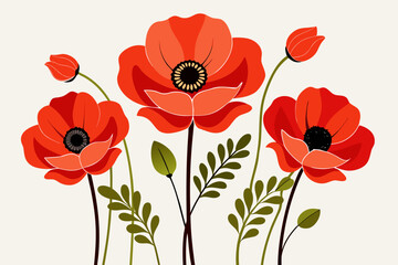 Stylized Poppy Flowers with Fine Black Centers on White