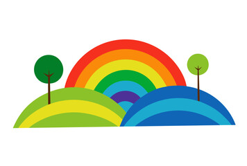 Stylized Rainbow Hills with Tree Silhouettes on White