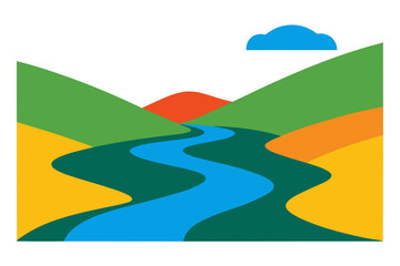 Stylized River Cutting Through Colorful Rolling Hills
