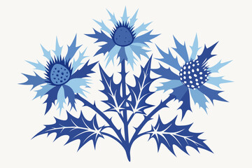 Stylized Sea Holly Blooms in Dusty Blue on White Background