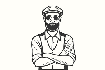 Bearded man with sunglasses and hat stands confidently with folded arms against a clean background © Kabbo