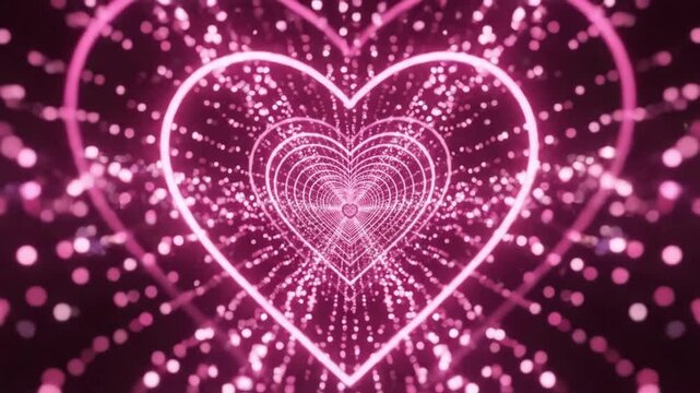 A captivating abstract tunnel of glowing pink hearts with shimmering particles creating a romantic and festive ambiance