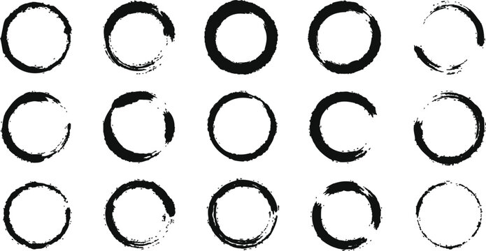 Set of vector textured circles. Collection of round paint brush strokes. Grungy black Chinese ink dot set. Paintbrush line