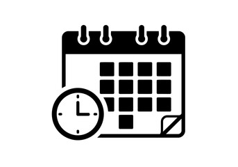 A fine calendar and clock silhouette icon for scheduling planning time management deadline appointment event date reminder agenda organization