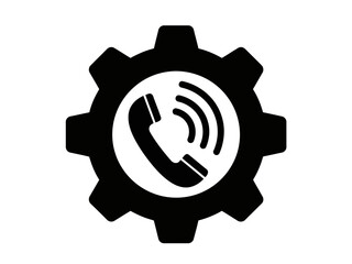 A simple but fine gear icon silhouette with ringing telephone receiver inside representing technical support or customer care or service settings