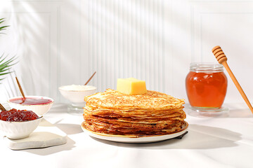 Maslenitsa concept. Delicious Russian pancakes with jam, soft cottage cheese, preserves, sour cream, and honey on a marble table. Healthy breakfast from natural ingredients, natural products