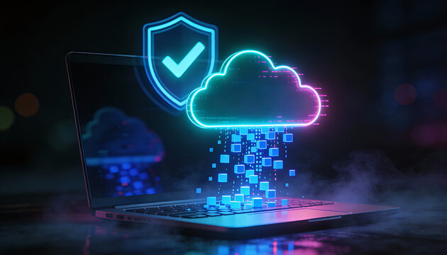 Neon cloud icon pouring glowing data cubes into laptop with shield check representing secure cloud computing data transfer backup and protected storage on dark background