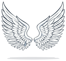 Obraz premium Stylized illustration of spread white feathered wings with dark outlines and a subtle shadow
