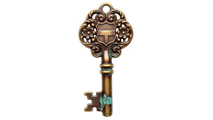 An ornate antique bronze key with decorative details symbolizing mystery access and discovery isolated on a white background