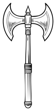 Medieval double bladed battle axe line art, a hand drawn vector illustration of a fantasy warrior weapon