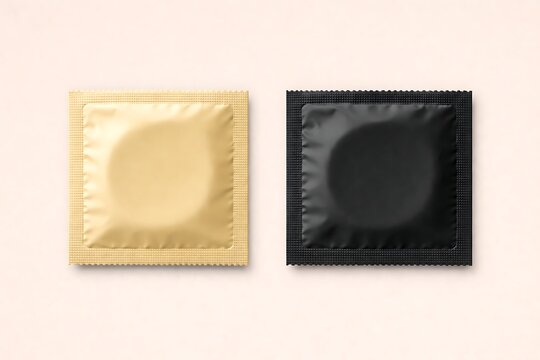 Two foil packets of condoms in gold and black colors on a beige background